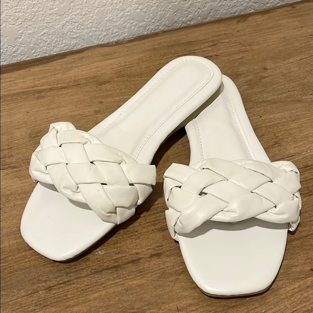 White Woven Sandals with Flat Sole